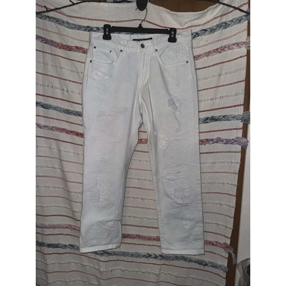 Lauren Ralph Lauren Women's Eyelet Patchwork Relaxed Tapered Jean White‎ Size 6